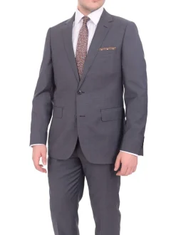 Mens Extra Slim Fit Heather Gray Blue Textured Two Button Wool Blend Suit
