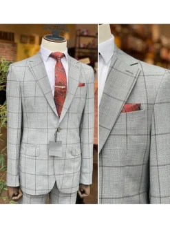 Mens Gray & Brown Check Slim Fit 100% VBC Wool Prehemmed Suit