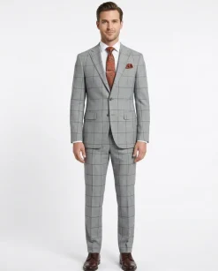 Mens Gray & Brown Check Slim Fit 100% VBC Wool Prehemmed Suit