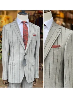 Mens Gray & Brown Pinstriped Slim Fit 100% VBC Wool Prehemmed Suit