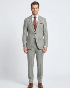 Mens Gray & Brown Pinstriped Slim Fit 100% VBC Wool Prehemmed Suit