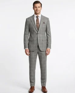 Mens Gray Check Slim Fit 100% VBC Flannel Wool Prehemmed Suit