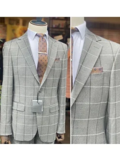 Mens Gray Check Slim Fit 100% VBC Flannel Wool Prehemmed Suit