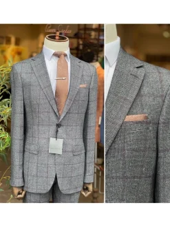 Mens Gray Check Slim Fit 100% VBC Wool Prehemmed Suit