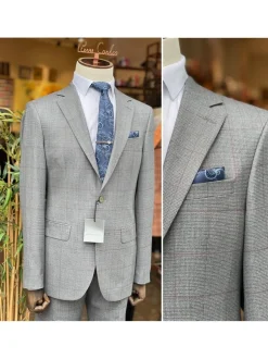 Mens Gray Check Slim Fit 100% VBC Wool Prehemmed Suit