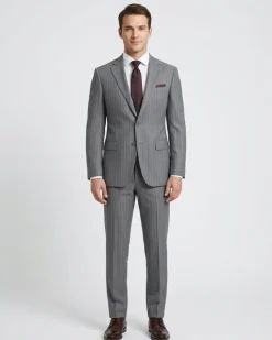 Mens Gray Pinstriped Slim Fit 100% VBC Wool Prehemmed Suit