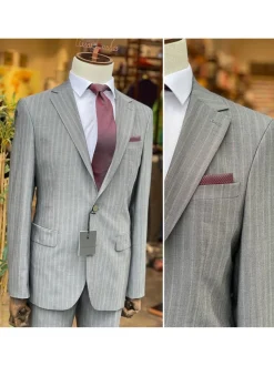 Mens Gray Pinstriped Slim Fit 100% VBC Wool Prehemmed Suit