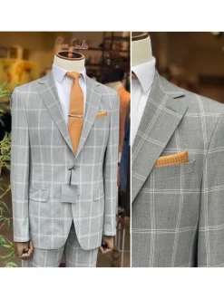 Mens Gray Plaid Slim Fit 100% VBC Wool Prehemmed Suit