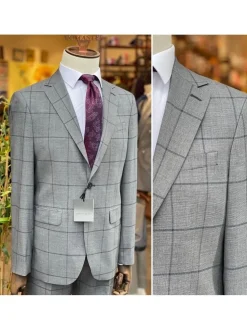 Mens Gray Windowpane Check Slim Fit 100% VBC Wool Prehemmed Suit