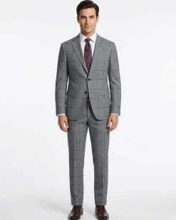 Mens Gray Windowpane Check Slim Fit 100% VBC Wool Prehemmed Suit