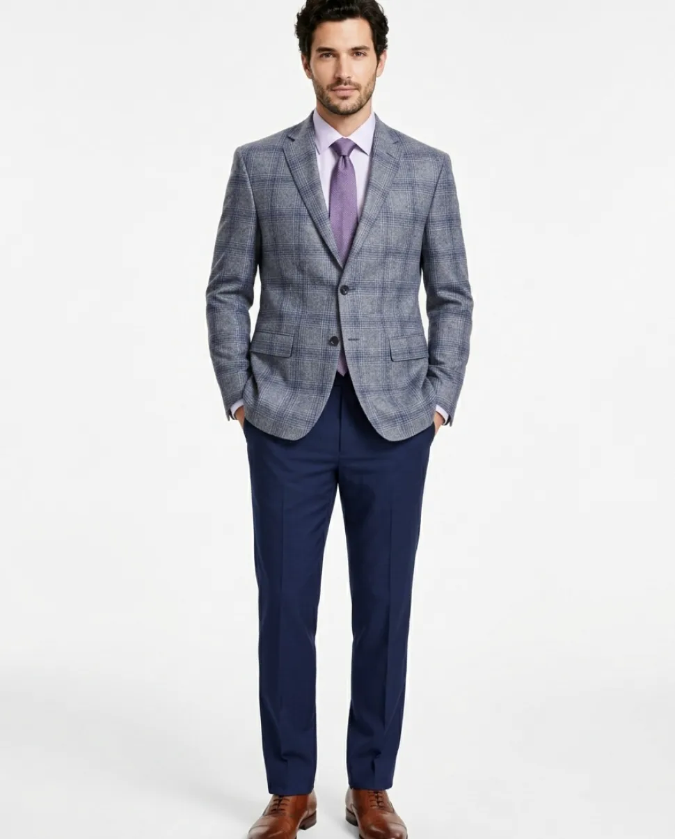 Mens Gray With Blue Plaid Regular Fit Wool Blend Half Lined Blazer Sportcoat