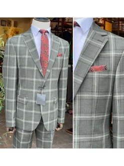 Mens Green Plaid Slim Fit 100% VBC Wool Prehemmed Suit