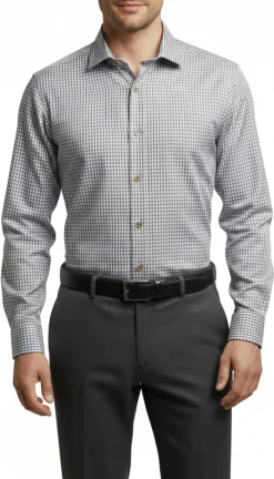 Mens Grid Check Brown & White Slim Fit Cotton Blend Stretch Spread Collar Dress Shirt