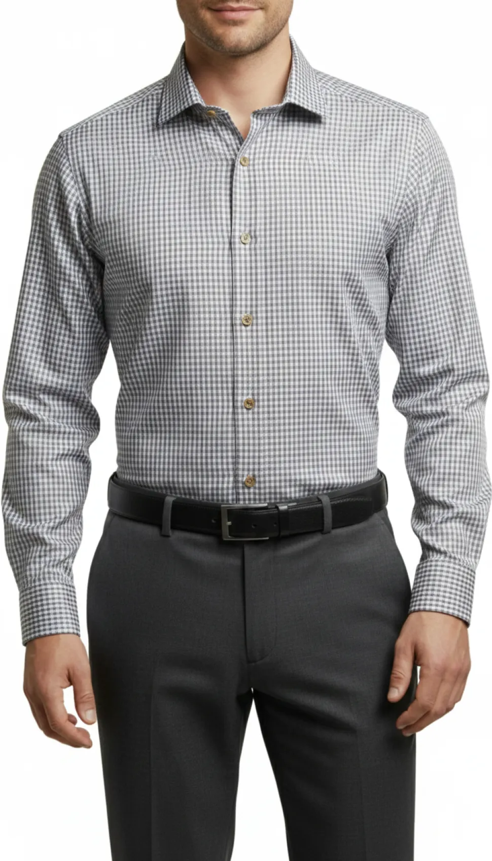 Mens Grid Check Brown & White Slim Fit Cotton Blend Stretch Spread Collar Dress Shirt