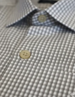 Mens Grid Check Brown & White Slim Fit Cotton Blend Stretch Spread Collar Dress Shirt