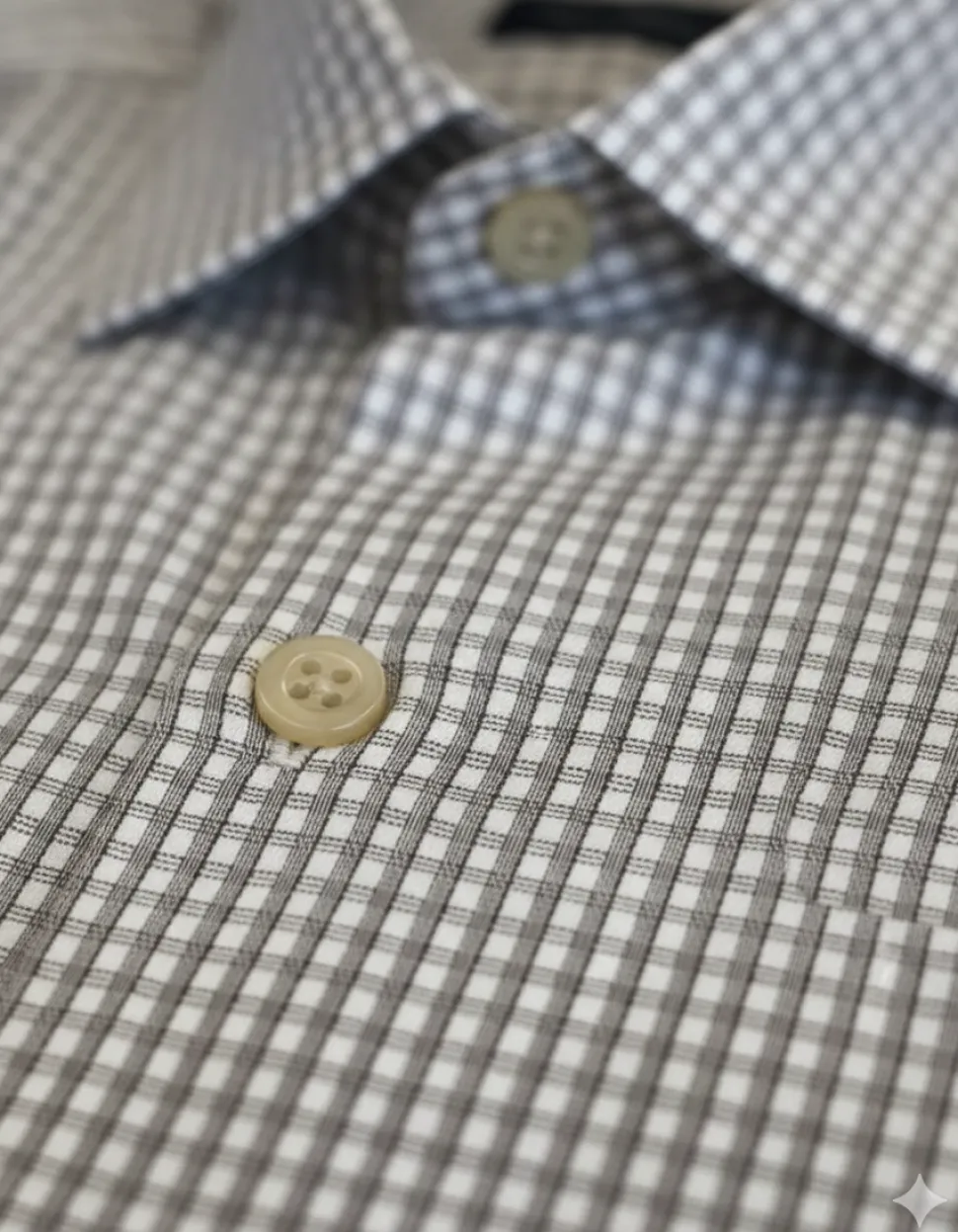 Mens Grid Check Brown & White Slim Fit Cotton Blend Stretch Spread Collar Dress Shirt