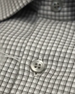 Mens Grid Check White & Black Slim Fit Cotton Blend Stretch Spread Collar Dress Shirt