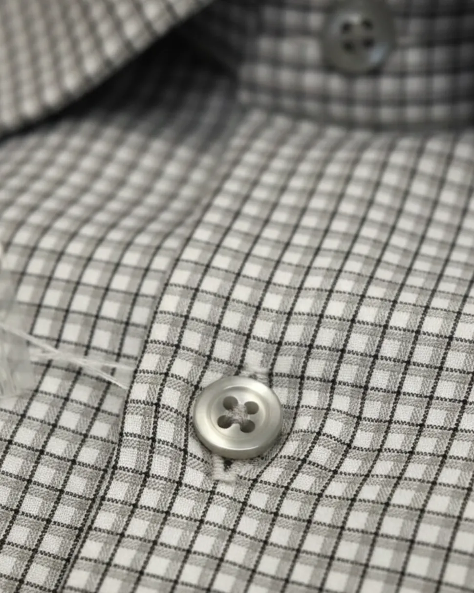 Mens Grid Check White & Black Slim Fit Cotton Blend Stretch Spread Collar Dress Shirt