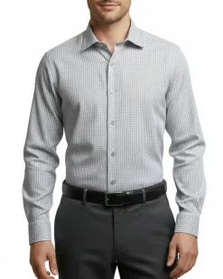 Mens Grid Check White & Black Slim Fit Cotton Blend Stretch Spread Collar Dress Shirt