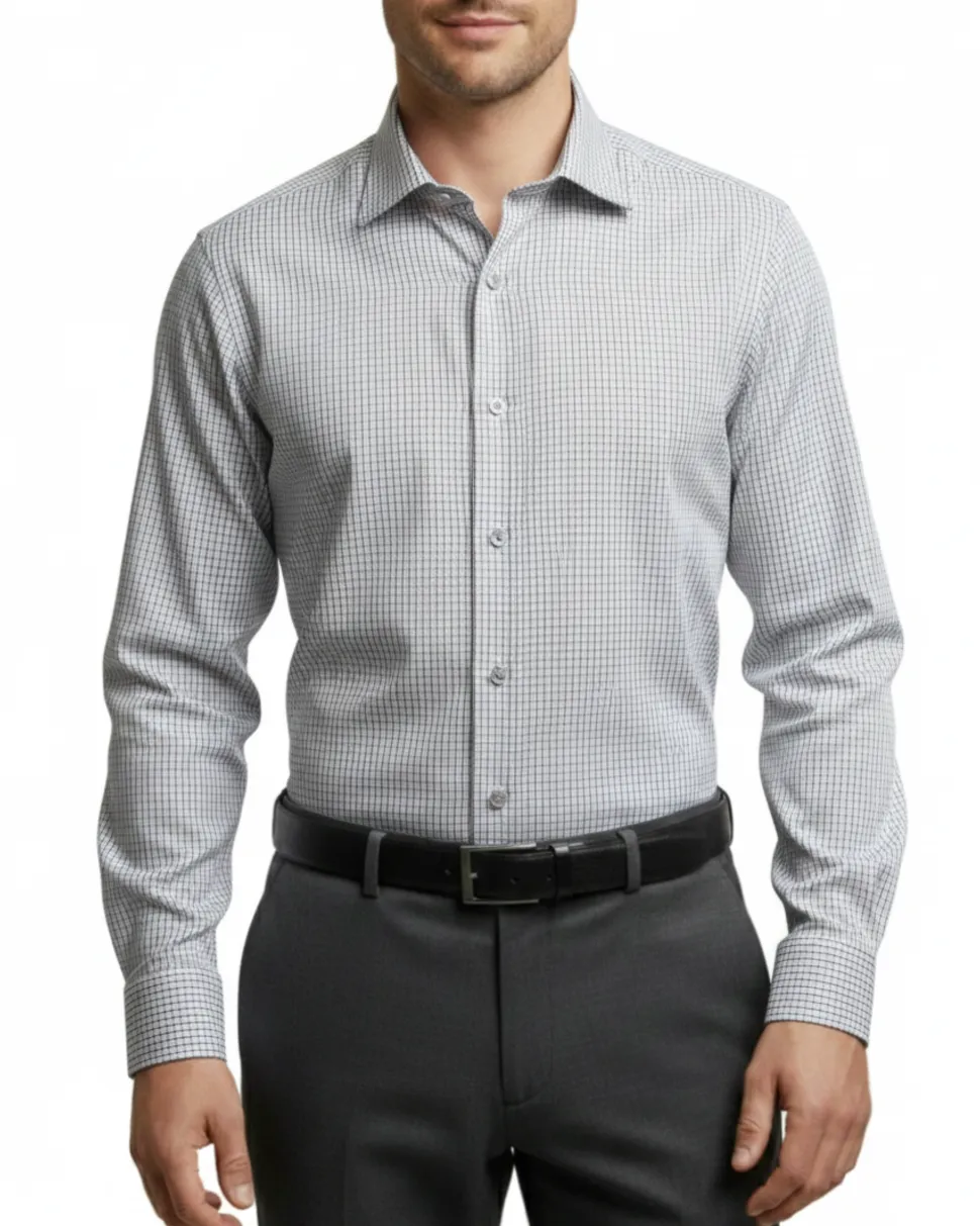 Mens Grid Check White & Black Slim Fit Cotton Blend Stretch Spread Collar Dress Shirt