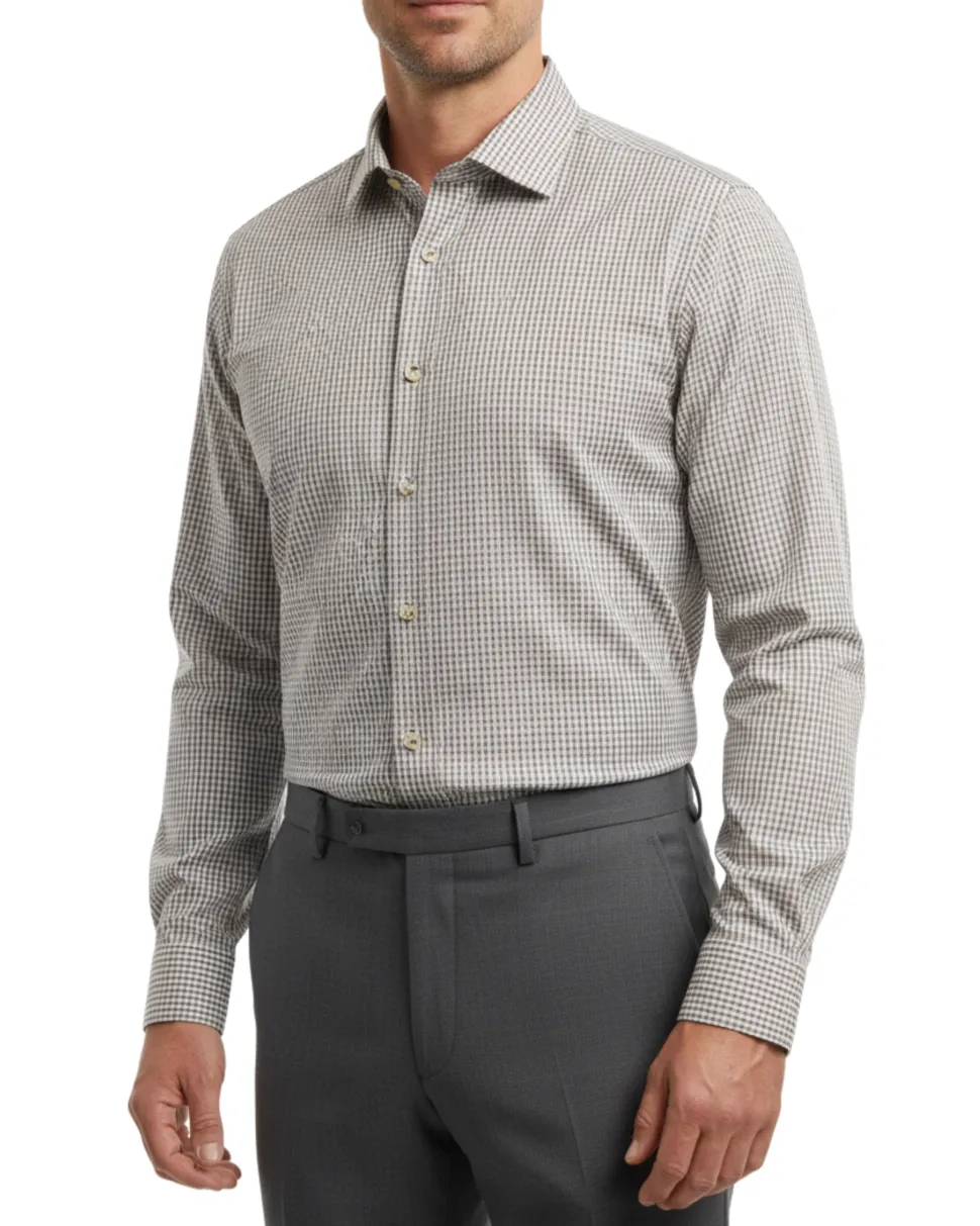 Mens Micro-Check Brown and White Contemporary Fit Cotton Blend Stretch Spread Collar Dress Shirt
