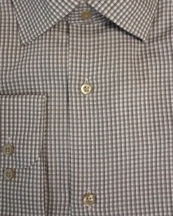 Mens Micro-Check Brown and White Contemporary Fit Cotton Blend Stretch Spread Collar Dress Shirt