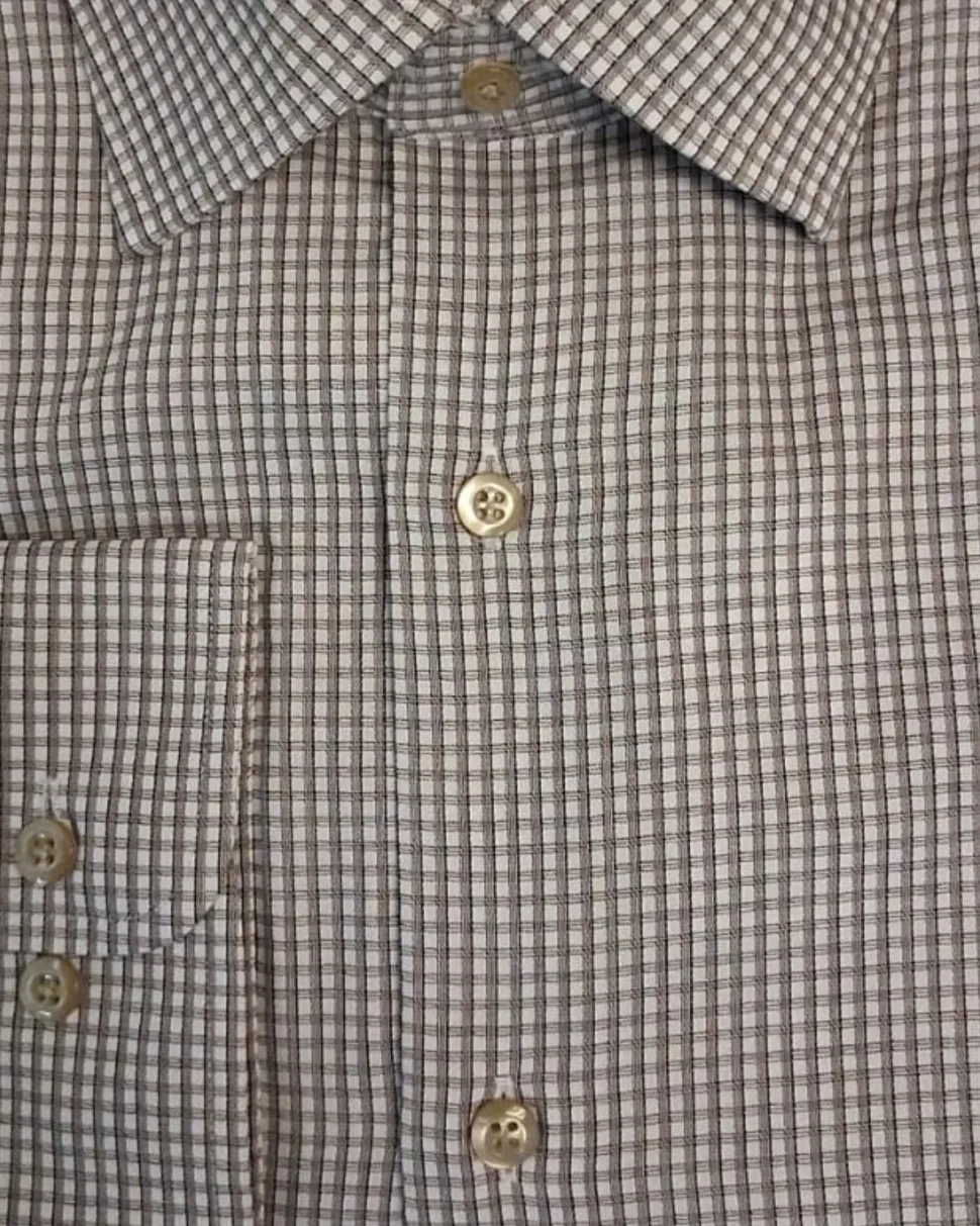 Mens Micro-Check Brown and White Contemporary Fit Cotton Blend Stretch Spread Collar Dress Shirt