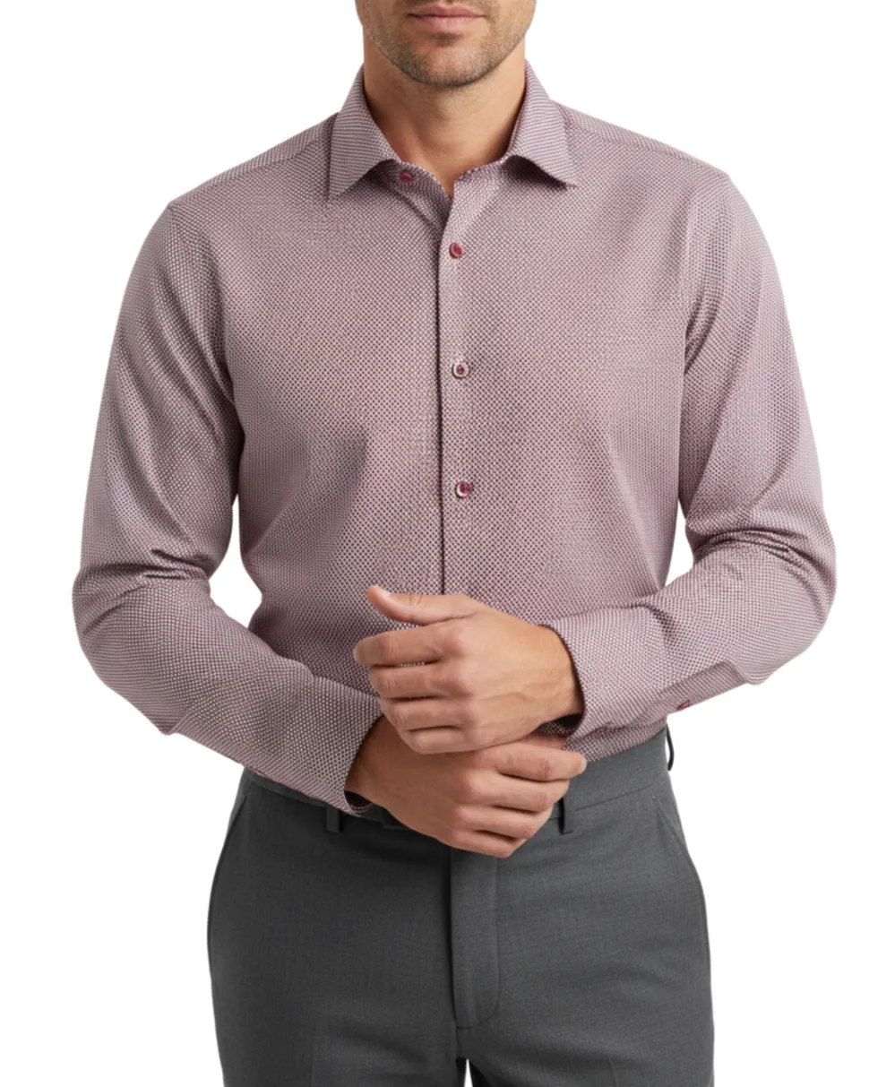 Mens Micro-Check Burgundy Slim Fit Cotton Blend Stretch Spread Collar Dress Shirt