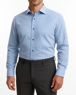 Mens Micro-Check Cadet Blue Slim Fit Cotton Blend Stretch Spread Collar Dress Shirt