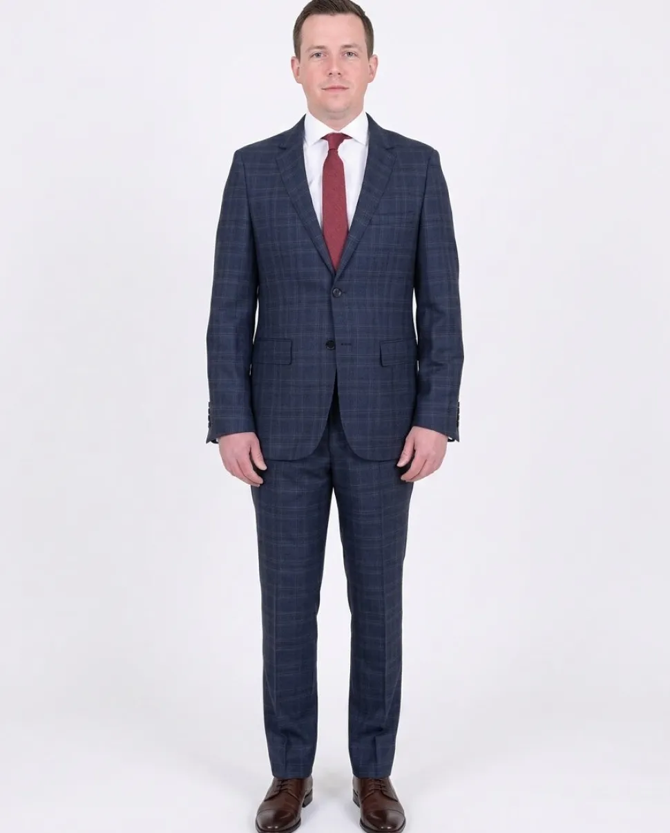 Mens Modern Fit Blue Plaid Two Button Wool Suit