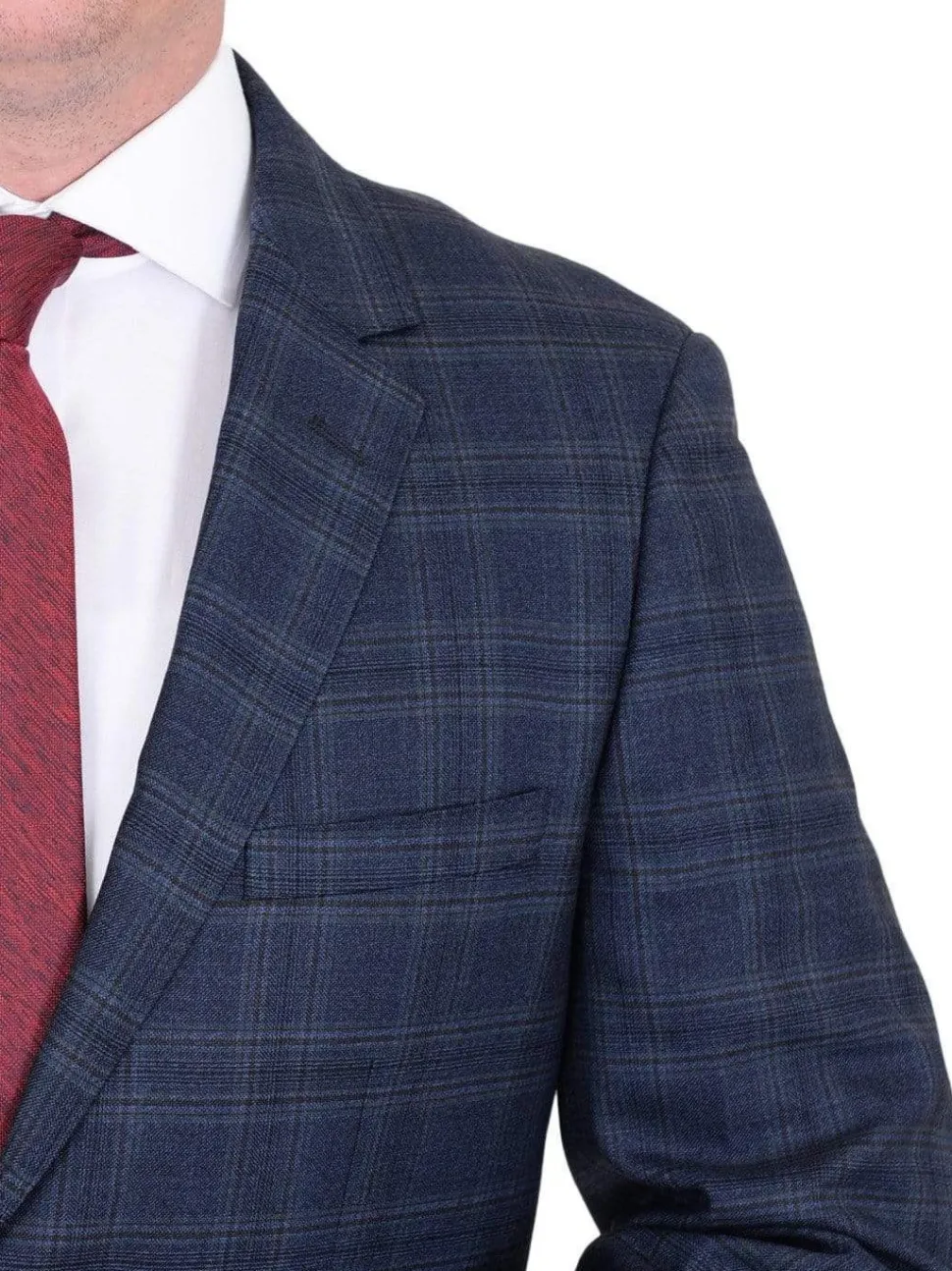Mens Modern Fit Blue Plaid Two Button Wool Suit