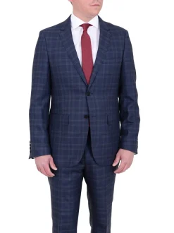 Mens Modern Fit Blue Plaid Two Button Wool Suit