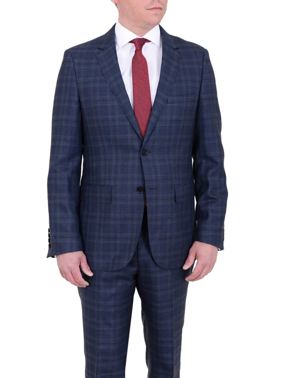 Mens Modern Fit Blue Plaid Two Button Wool Suit
