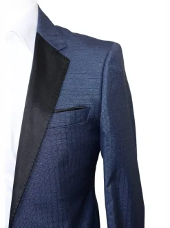 Mens Modern Fit Blue Sharkskin Plaid Three Piece One ButtonTuxedo Tux Suit