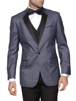 Mens Modern Fit Blue Sharkskin Plaid Three Piece One ButtonTuxedo Tux Suit