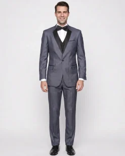 Mens Modern Fit Blue Sharkskin Plaid Three Piece One ButtonTuxedo Tux Suit
