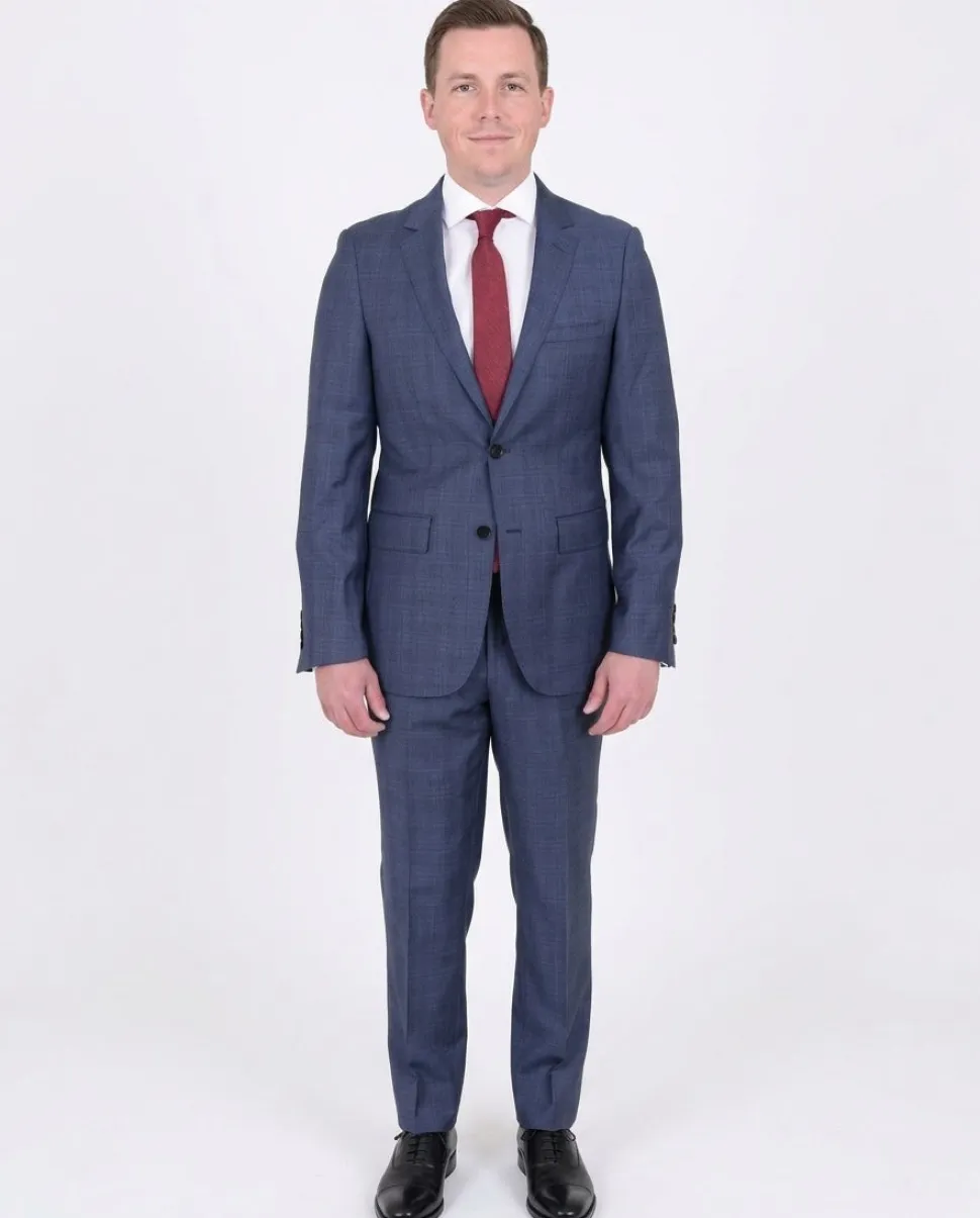 Mens Modern Fit Medium Blue Plaid Two Button Wool Suit