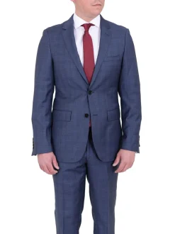 Mens Modern Fit Medium Blue Plaid Two Button Wool Suit