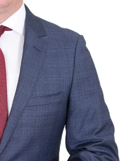 Mens Modern Fit Medium Blue Plaid Two Button Wool Suit