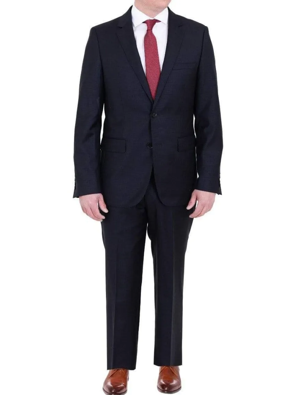 Mens Modern Fit Navy Blue Tonal Check Two Button Wool Suit