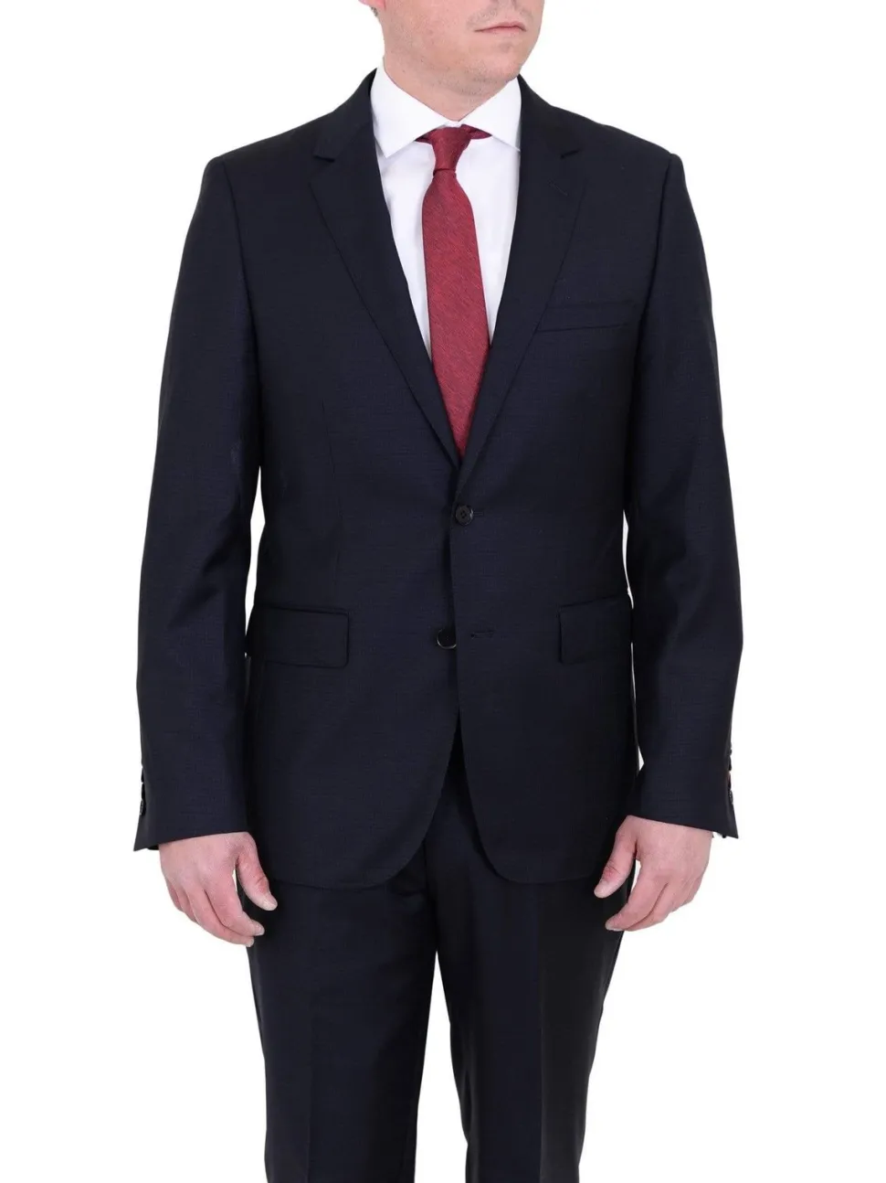 Mens Modern Fit Navy Blue Tonal Check Two Button Wool Suit