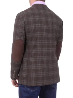 Mens Napoli Brown Plaid Half Canvassed Wool Blazer Sportcoat With Elbow Patches