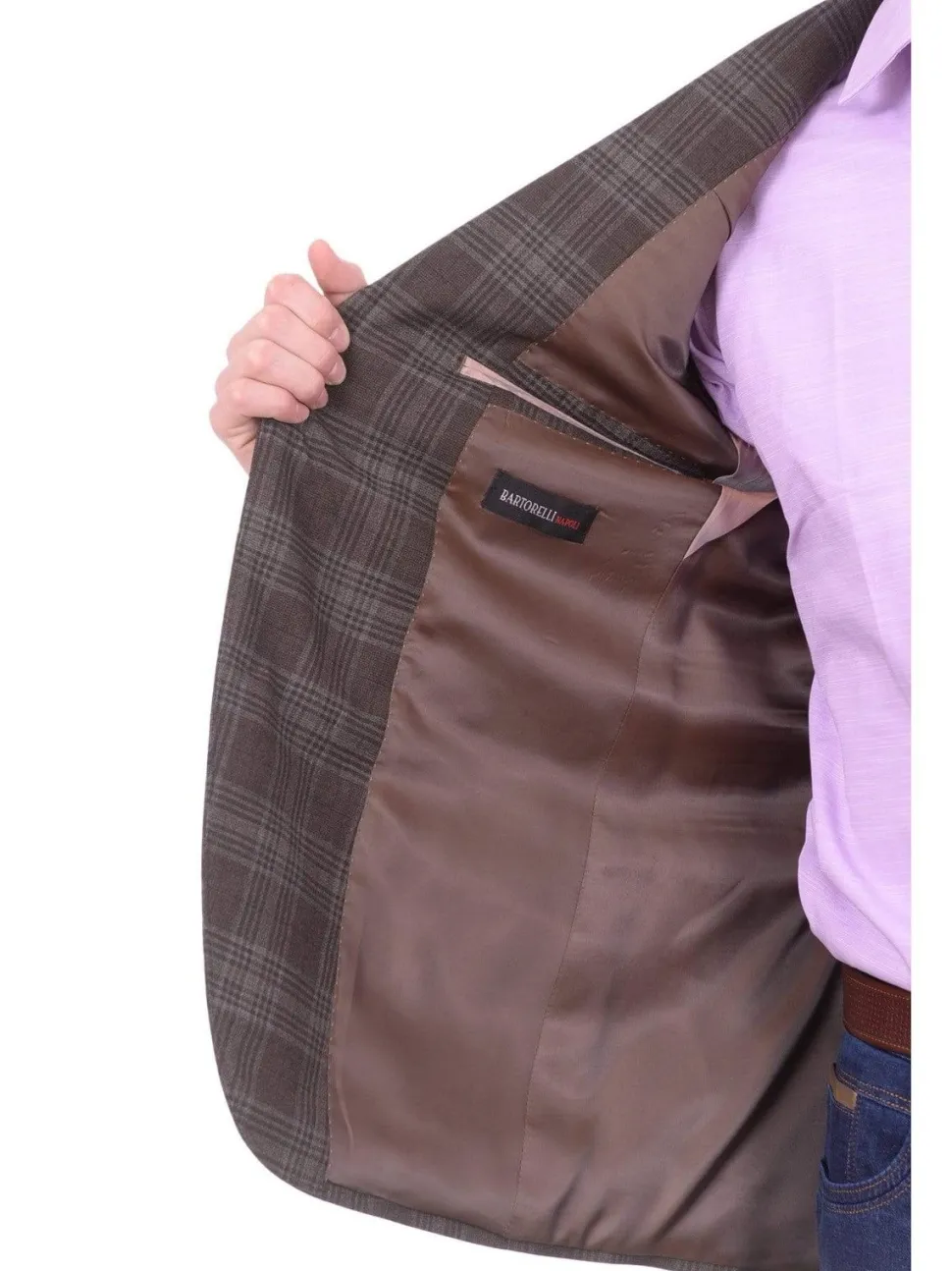 Mens Napoli Brown Plaid Half Canvassed Wool Blazer Sportcoat With Elbow Patches