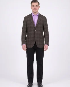 Mens Napoli Brown Plaid Half Canvassed Wool Blazer Sportcoat With Elbow Patches