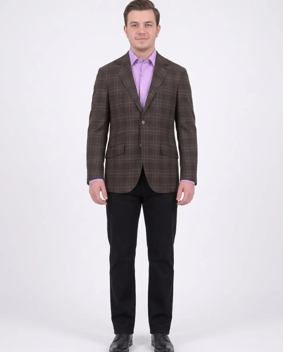Mens Napoli Brown Plaid Half Canvassed Wool Blazer Sportcoat With Elbow Patches