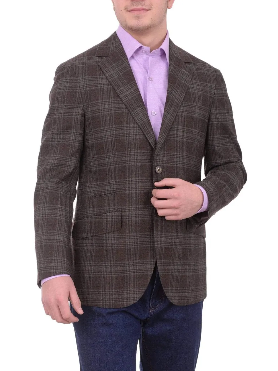 Mens Napoli Brown Plaid Half Canvassed Wool Blazer Sportcoat With Elbow Patches