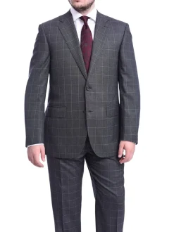 Men's Napoli Classic Fit Charcoal Gray Plaid Two Button Half Canvassed Wool Suit