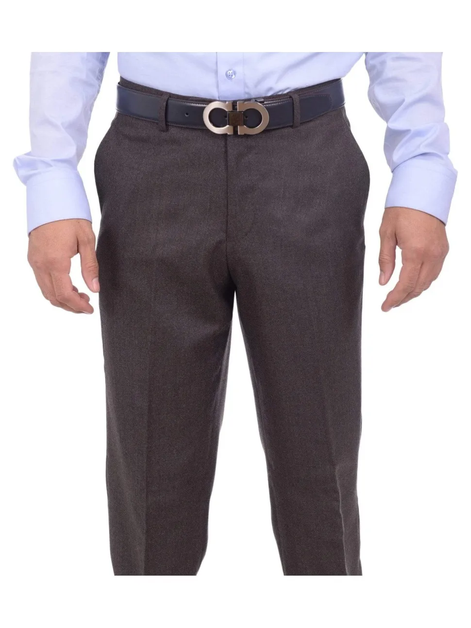 Mens Napoli Extra Slim Fit Brown Nailhead Flat Front Wool Dress Pants