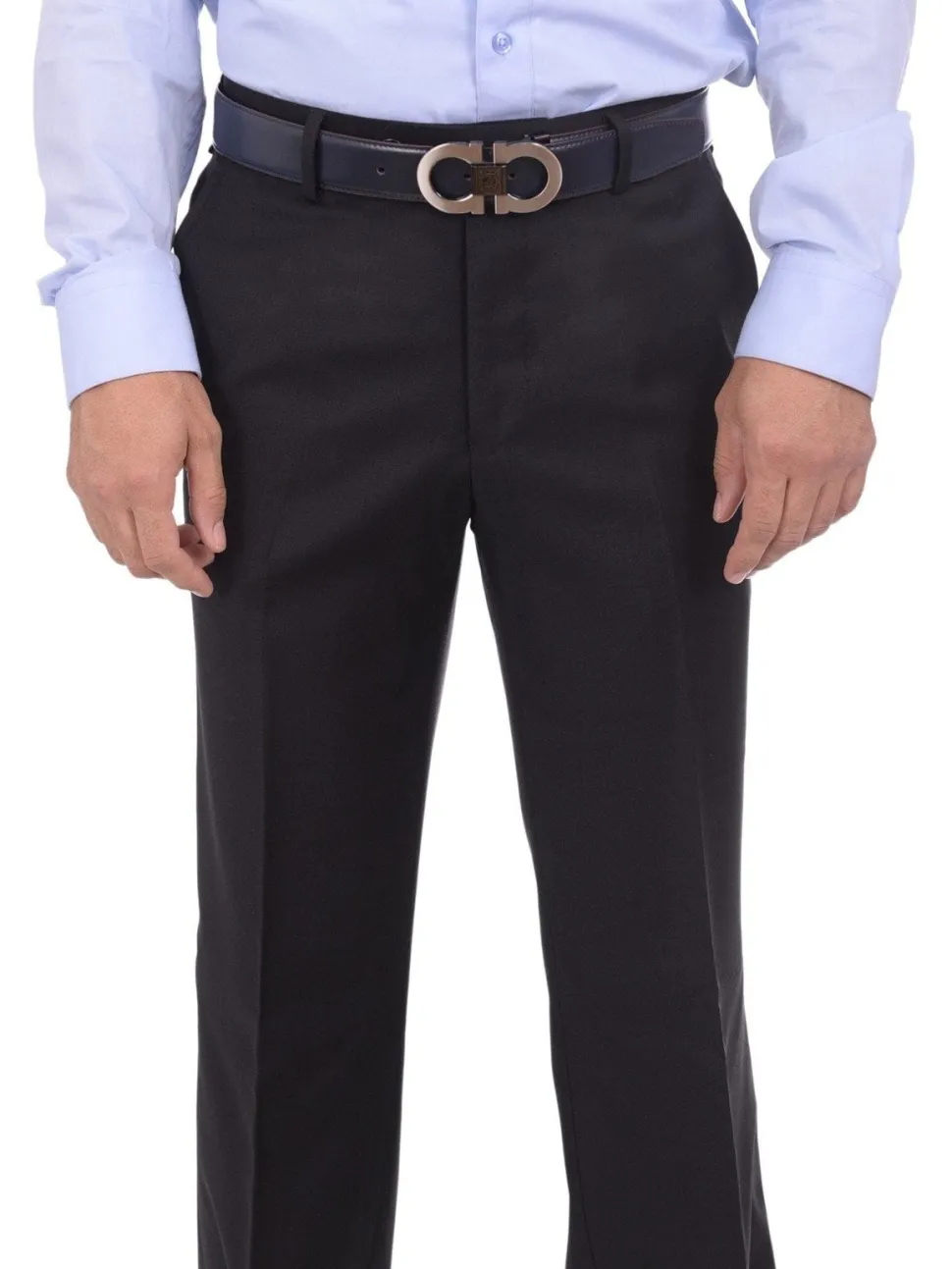 Mens Napoli Extra Slim Fit Solid Black Flat Front Wool Cashmere Dress Pants