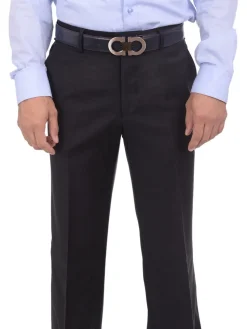 Mens Napoli Extra Slim Fit Solid Black Flat Front Wool Cashmere Dress Pants